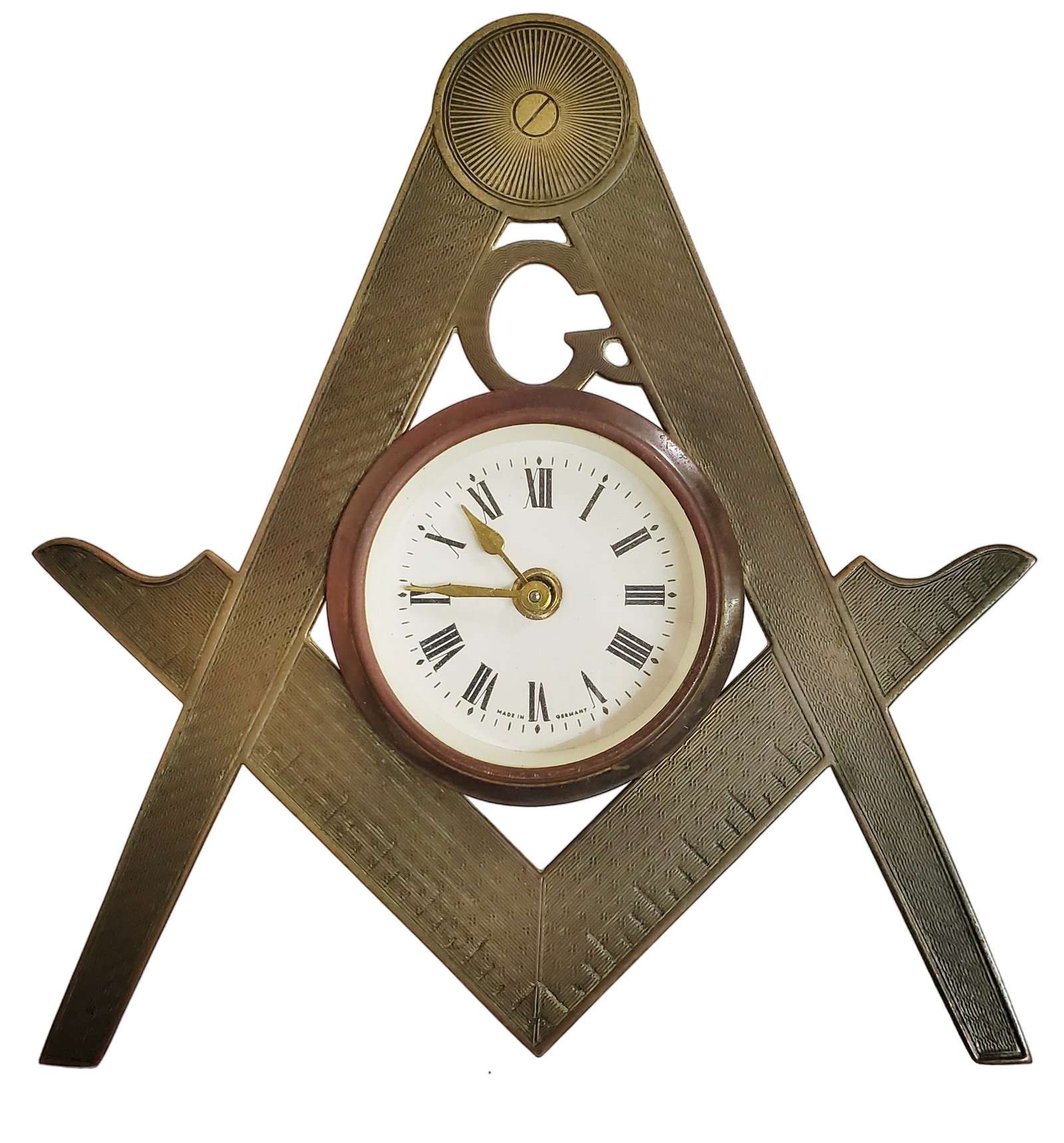 Vintage Antique Mason Masonic Brass Mantel Clock Freemason Square Compass God and Geometry Germany (1 of 4)