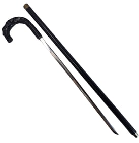 Sword Cane Single Edge Vintage Walking Stick Black Metal Skeleton Dog 34 Inches