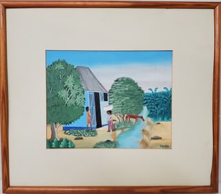 Haitian Village Scene Haiti Folk Art Oil Painting Signed P. Jn Fritz