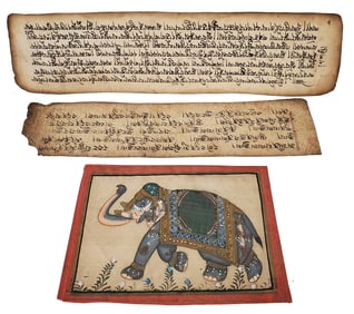 Mughal Type Hand Painted Silk India Elephant and Tibetan Prayer Manuscript Sheets Lot