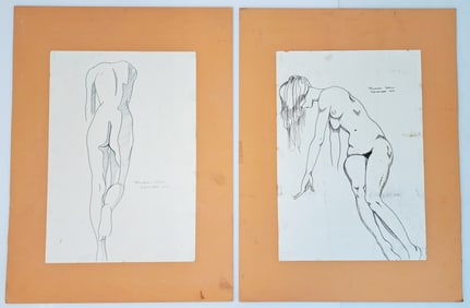 Lot Of Two Pin Up Female Nude Illustrations Maureen Grell Ink Drawings