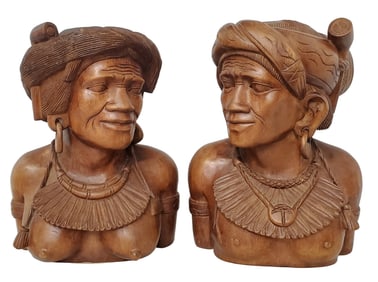 Large Pair Philippines Luzon Igorat Carved Wood Hardwood Semi Nude Portrait Bust Sculpture Figure Ca