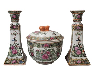 Chinese Famille Rose Porcelain Lidded Jar and Candlestick Holders