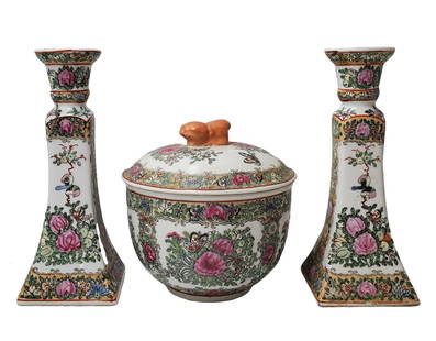 Chinese Famille Rose Porcelain Lidded Jar and Candlestick Holders: Described By:Michelle HFA VX.1 Title: Chinese Famille Rose Porcelain Lidded Jar and Candlestick Holders Description:Chinese Famille Rose Porcelain Lidded Jar and Candlestick Holders Hallmarks or Signa
