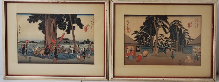 Japanese Utagawa Hiroshige 69 Stations Kiso Kaido Fushimi-juku Tarui-juku Woodblock Print Pair