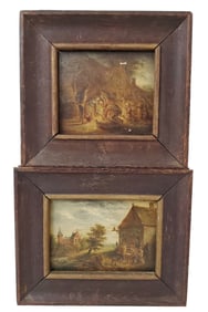 Antique Dutch Genre Scene Cottages Miniature Oil Painting Pair