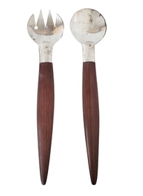 Long 13.75in Silver Teak MCM Mid Century Modern Danish Scandinavian Salad Servers