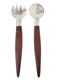 Long 13.75in Silver Teak MCM Mid Century Modern Danish Scandinavian Salad Servers (1 of 4)