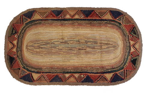 1920s Art Deco Folk Art Rag Hooked Rug Geometric Border Oval 51x29in: Described By:Michelle NE DBJQ Title: 1920s Art Deco Folk Art Rag Hooked Rug Geometric Border Oval 51x29in Description:1920s Art Deco Folk Art Rag Hooked Rug Geometric Border Oval 51x29in Condition of