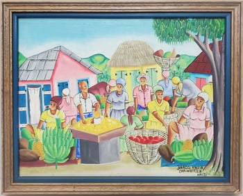 Marcel Valcin Haitian Cap-Haitien Haiti Market Oil Painting