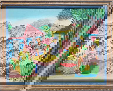 Marcel Valcin Haitian Cap-Haitien Haiti Market Oil Painting: Described By:Michelle NED HFA VX Title:Marcel Valcin Haitian Cap-Haitien Haiti Market Oil Painting Description: Marcel Valcin Haitian Cap-Haitien Haiti Market Oil Painting. Oil on Masonite type board