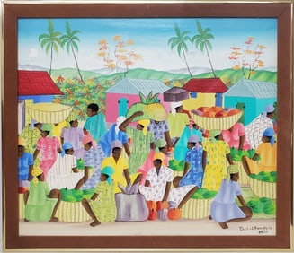 Signed Thelus Franklin Haiti Haitian Market Scene Oil Painting on Canvas