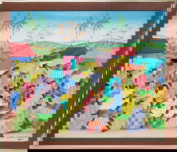 Signed Thelus Franklin Haiti Haitian Market Scene Oil Painting on Canvas: Described By:Michelle NED HFA VX Title: Signed Thelus Franklin Haiti Haitian Market Scene Oil Painting on Canvas Description: Signed Thelus Franklin Haiti Haitian Market Scene Oil Painting on Canvas S