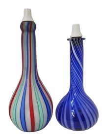 Vintage Art Glass Barber Bottle Pair Cobalt Swirl Frosted Striped