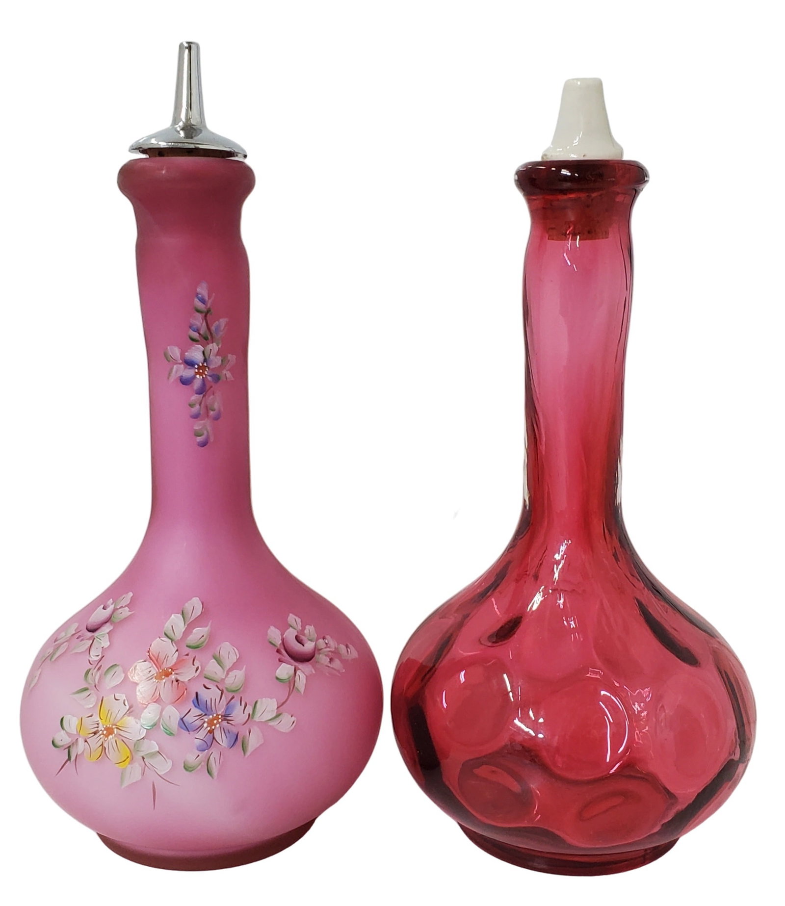 Antique Barber Bottle Pair Cranberry Thumbprint Painted Pink Satin Cased Art Glass (1 of 11)