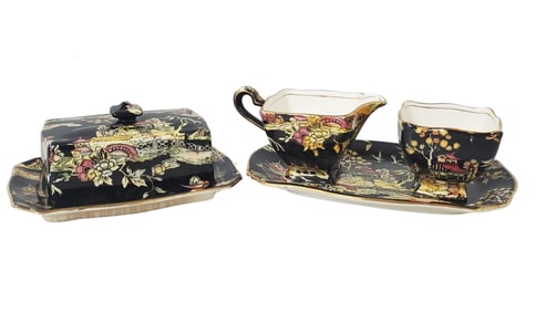 Royal Winton England Grimwades Pekin Chintz Hand Painted Vintage Sugar Creamer Butter Dish Tray Set