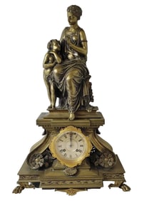 French Samuel Marti Antique 19c Dore Bronze Figural Mantel Clock Large