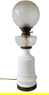 Antique Continental Art Glass Globe Greek Key Oil Lamp Cosmos Brenner Font Converted to Electric: Described By: Michelle NRD DBJQ Title: Antique Continental Art Glass Globe Greek Key Oil Lamp Cosmos Brenner Font Converted to Electric Description:19th Century Oil lamp with 20th century electric con
