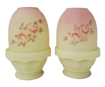 Vintage Fenton Handpainted Art Glass Custard Burmese 2-Piece Fairy Lamp Pair