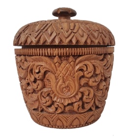 Vintage Carved Hardwood Lidded Jar Indonesian Bali Folk Craft Tradition 10in