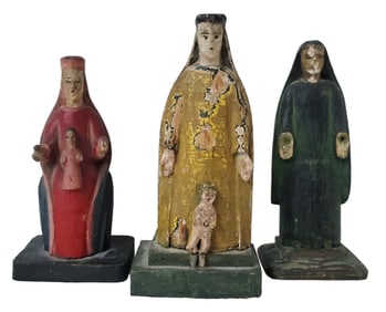 Antique South American or Italian Saint Santo Virgin Mary Christ Child Carved Wood 3 Statues