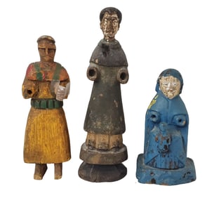 Collection of 3 Santos Saint Mexican Wood Polychrome Folk Art Statue Sculptures Estate Find