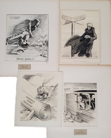 4 Original Pen Ink Drawings Railroad Grim Reaper Political Newspaper Illustrations Cartoon Animation