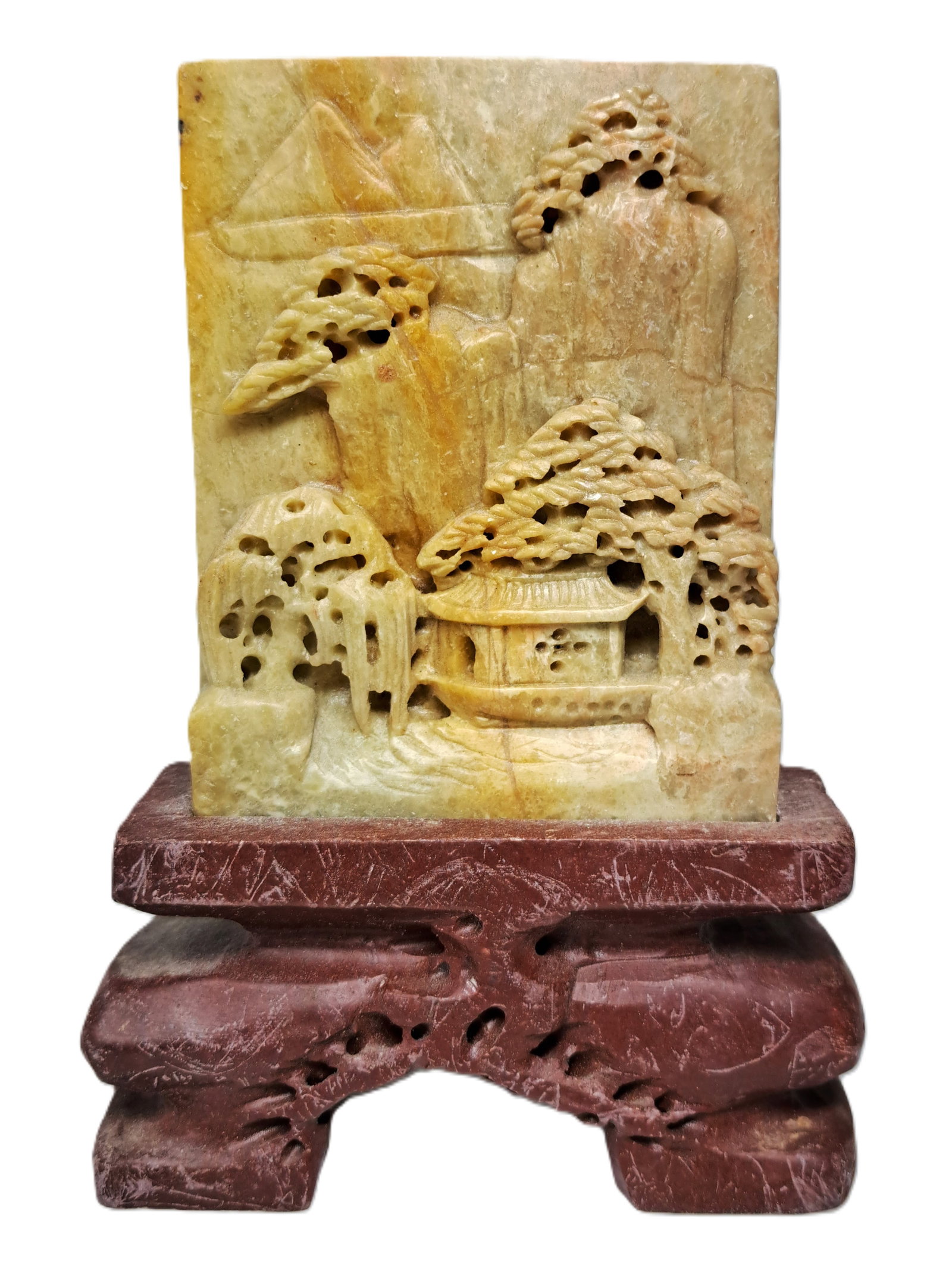 Vintage Finely Carved Chinese Soap Stone Mountain Temple Scene Asian Panel (1 of 4)