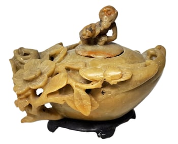 Carved Vintage Soapstone Chinese Tea Pot with Monkey Finial and Flowers