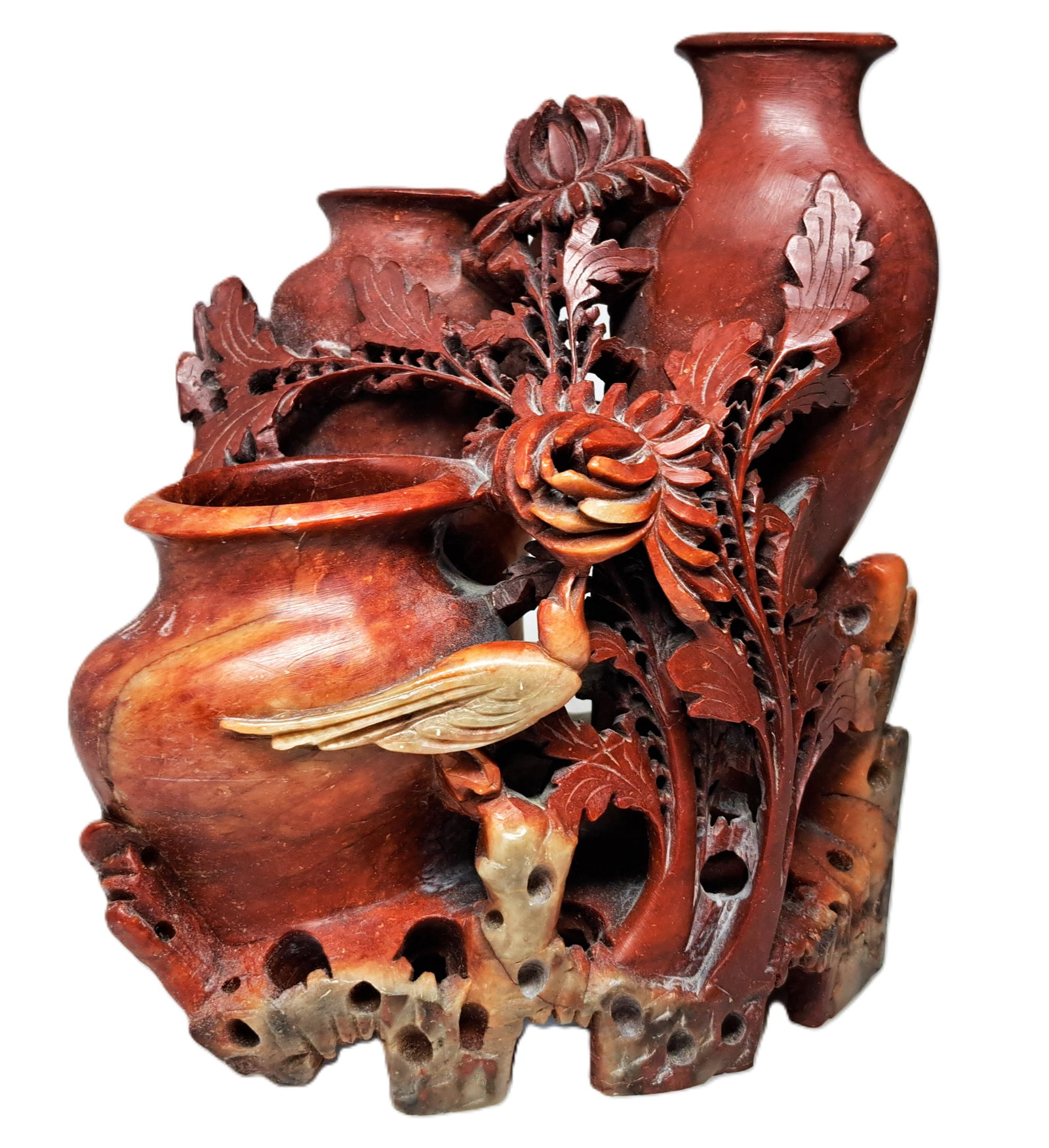 Gorgeous Red Soapstone Chinese Finely Carved Flowers Bird Triple Vase Sculpture: Described by:AF HFA VX Title:Gorgeous Red Soapstone Chinese Finely Carved Flowers Bird Triple Vase Sculpture Description: Gorgeous Red Soapstone Chinese Finely Carved Flowers Bird Triple Vase Sculptur