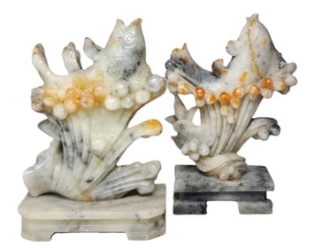 Lot of Two Orange White Chinese Finely Carved Soapstone Koi Fish Vintage Statue Figurines