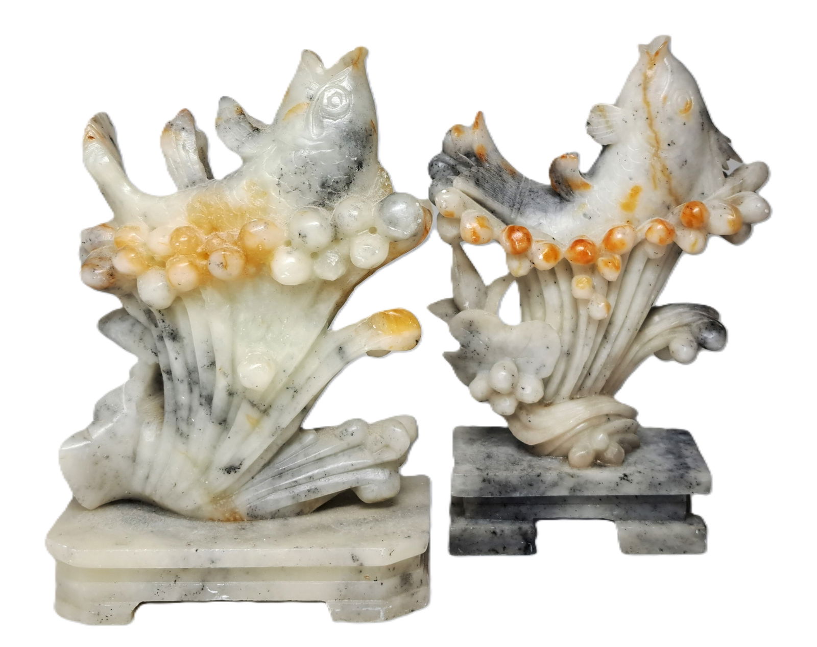 Lot of Two Orange White Chinese Finely Carved Soapstone Koi Fish Vintage Statue Figurines (1 of 5)