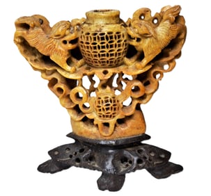 Vintage Finely Carved Soap Stone Foo Dogs Chinese Pierced Vase Incense Burner