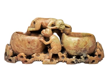 Cute Carved Soapstone Chinese Double Vase Monkey Figural Vintage Asian Inkwell