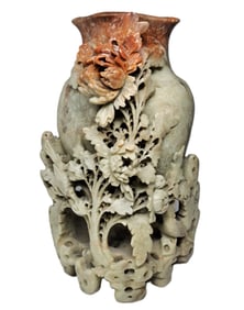 Vintage Chinese Finely Carved Green Rust Soapstone Bird Flower Scene Large Vase Urn