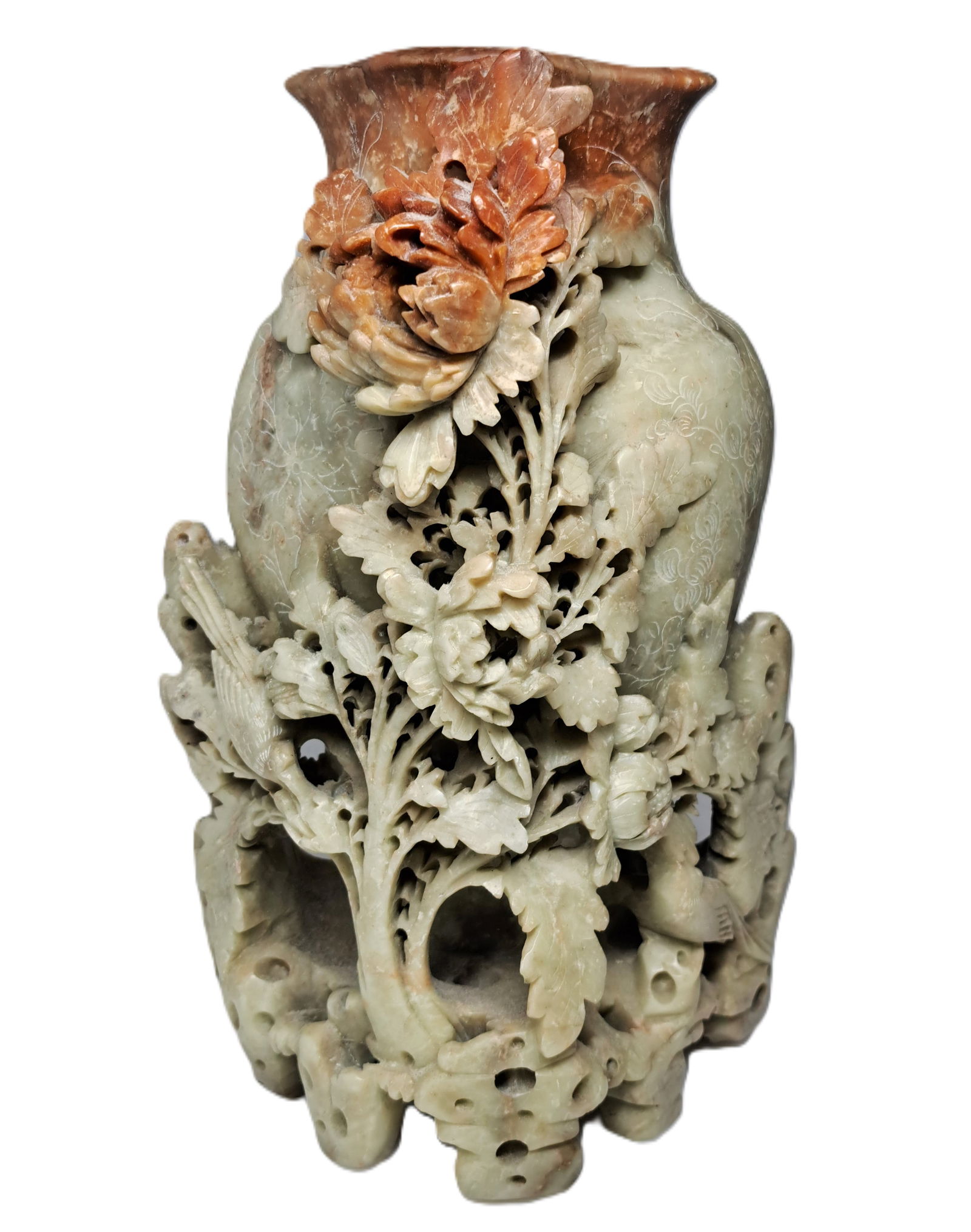 Vintage Chinese Finely Carved Green Rust Soapstone Bird Flower Scene Large Vase Urn (1 of 5)