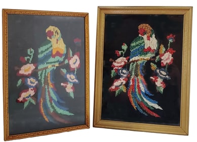 Vintage Glass Bead Beaded & Crewel Yarn Parrot Bird Wall Hanging Pair