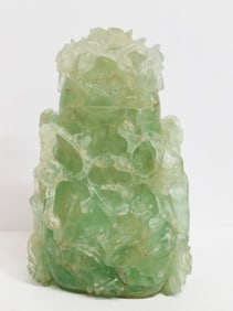 Vintage Chinese Carved Jade-Green Hard stone Gemstone Lidded Vase