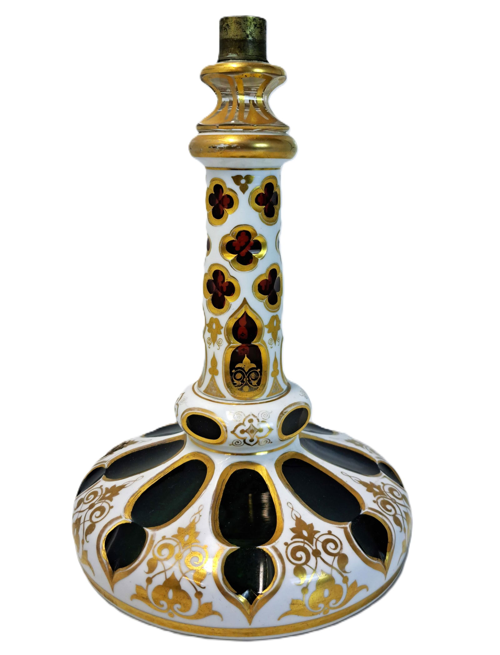 Bohemian Art Glass Red Green Painted Gold Quatrefoil Vintage Candelabra or Lamp Base