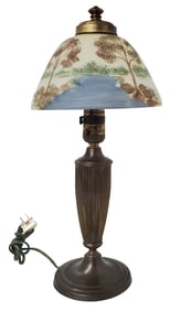 Antique Arts Crafts Reverse Painted Art Glass Shade Bucolic Landscape Table Lamp Ribbed Base