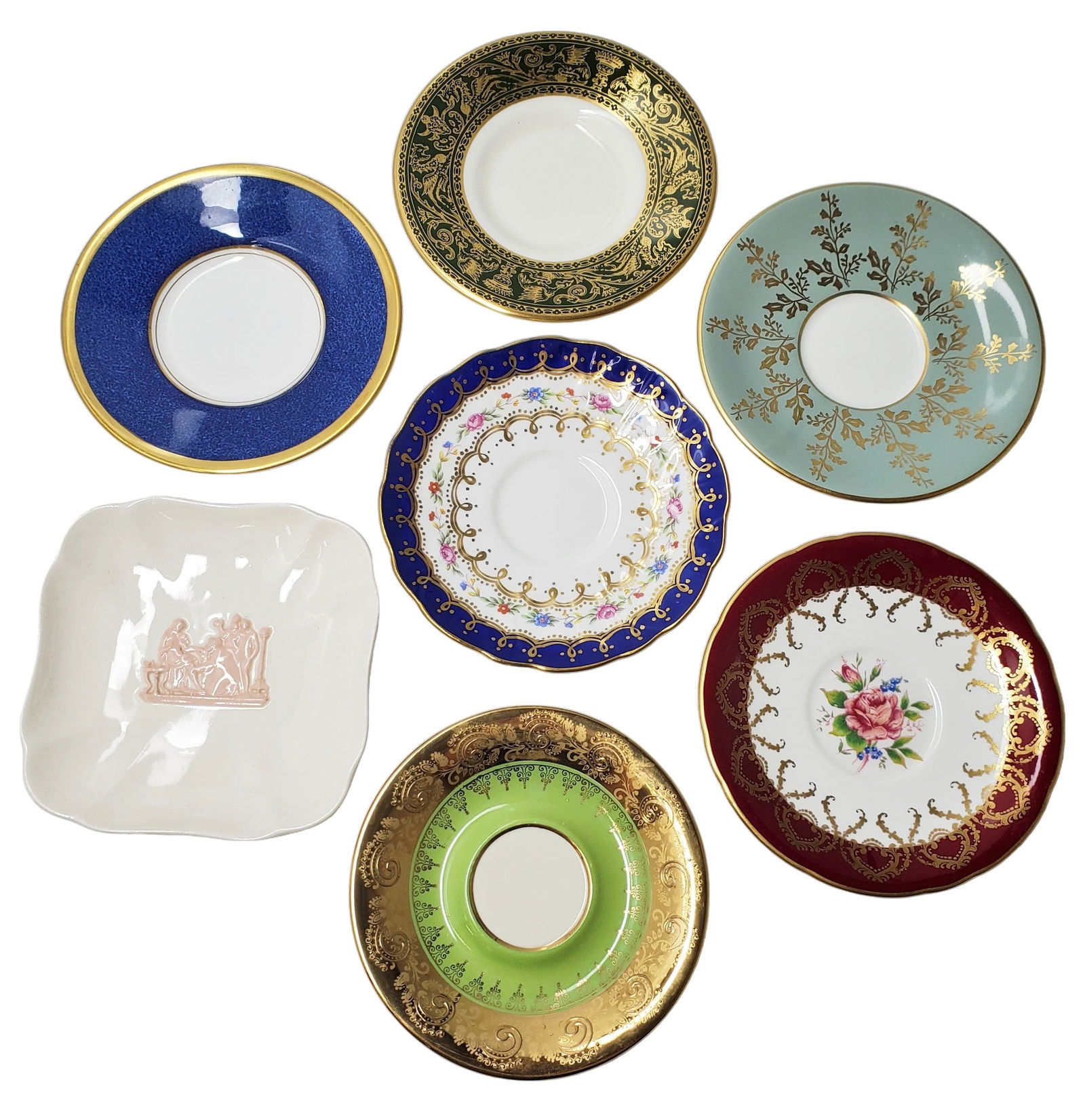 English Bone China Wedgwood Aynsley Gilt Assorted Decorative Small Plate Saucer Lot of 7: Described By: Michelle HFA VX.1 Title: English Bone China Wedgwood Aynsley Gilt Assorted Decorative Small Plate Saucer Lot of 7 Description:6 are English, Three are Aynsley, Two are Wedgwood, One is C