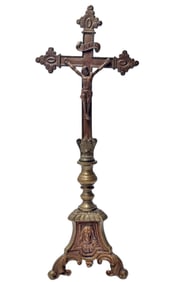 Antique Brass Altar Crucifix Cross w/ Reliefs of the Holy Family Along Base