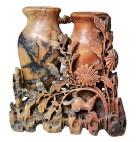 Double Vase Finely Carved Chinese Soapstone Flowers Weasel Scene Vintage