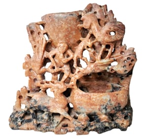 Vintage Carved Chinese Soapstone Animal Scene Mokey Birds Deer Double Vase