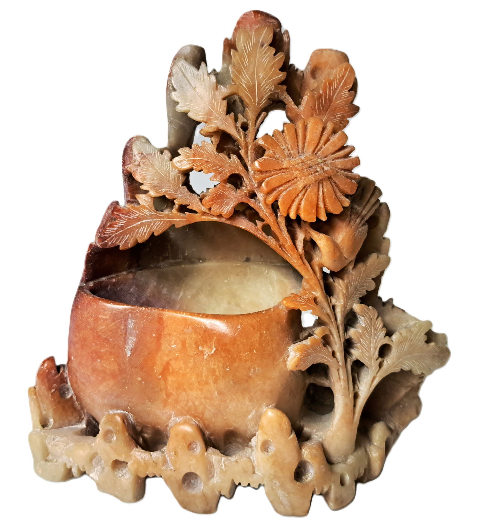 Soapstone Finely Carved Chinese Flower Vintage Vase Inkwell Brush Wash Bowl: Described By:AF HFA VX.1 Title:Soapstone Finely Carved Chinese Flower Vintage Vase Inkwell Brush Wash Bowl Description: Soapstone Finely Carved Chinese Flower Vintage Vase Inkwell Brush Wash Bowl Appr