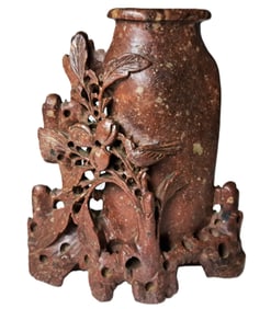 Vintage Beautifully Carved Chinese Rust Soapstone Vase Flower Bird Sculpture