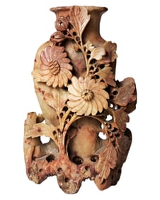 Floral Vintage Chinese Finely Carved Soapstone Asian Vase Sculpture