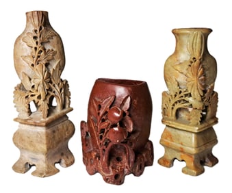 Lot of Three Assorted Fine Carved Chinese Soapstone Small Vintage Floral Vases