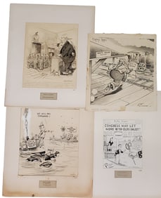 Political Cartoon Original Ink Drawings Fred L Packer Martin L Pritchett Roosevelt GOP Charles Howar