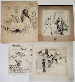 Vintroux Demar Bert Green McDouglas Original Ink Drawings Political Comic Newspaper Illustration Car